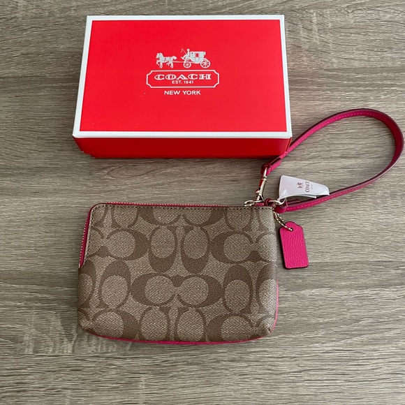 NWT Coach Double Corner Zip Wristlet Khaki/ Pink Ruby - Picture 7 of 10